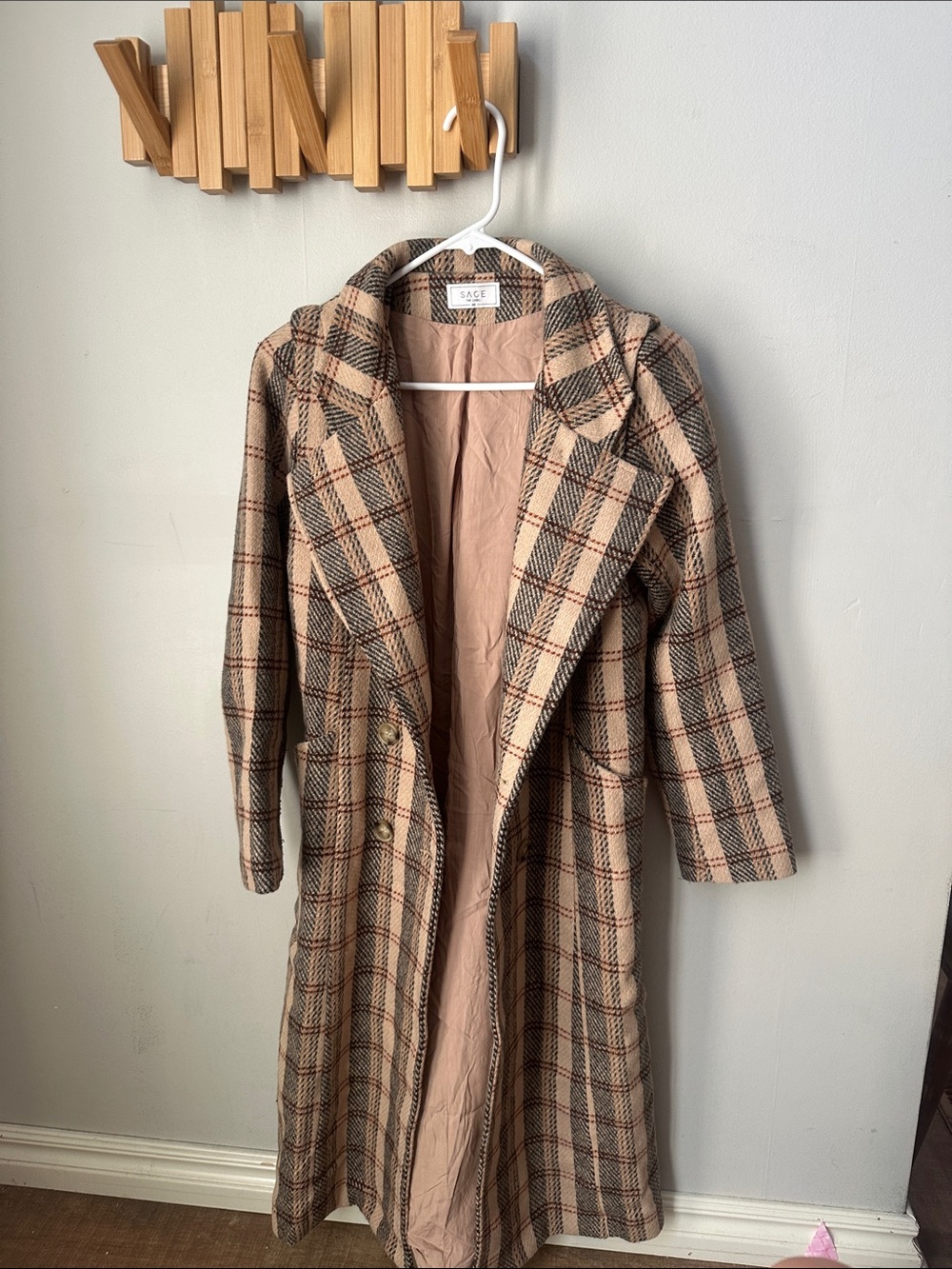 Sage Plaid Long Trench Coat in Beige and Black